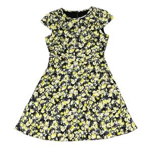 J. Crew Yellow and Black Floral Cap Sleeve Knee Length Dress Size 8